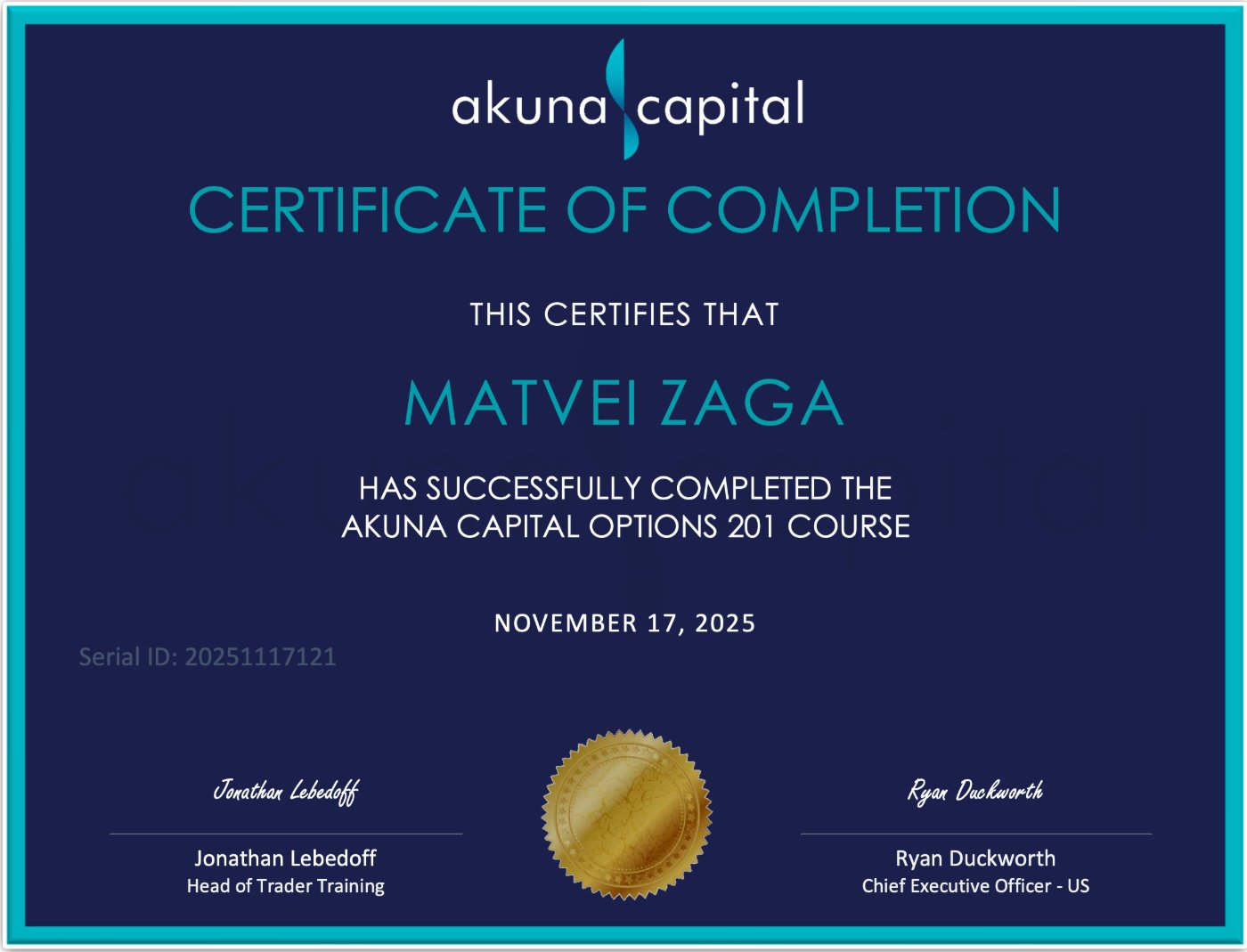 Akuna Capital Options 201 certificate of completion, Matvei Zaga, November 17 2025