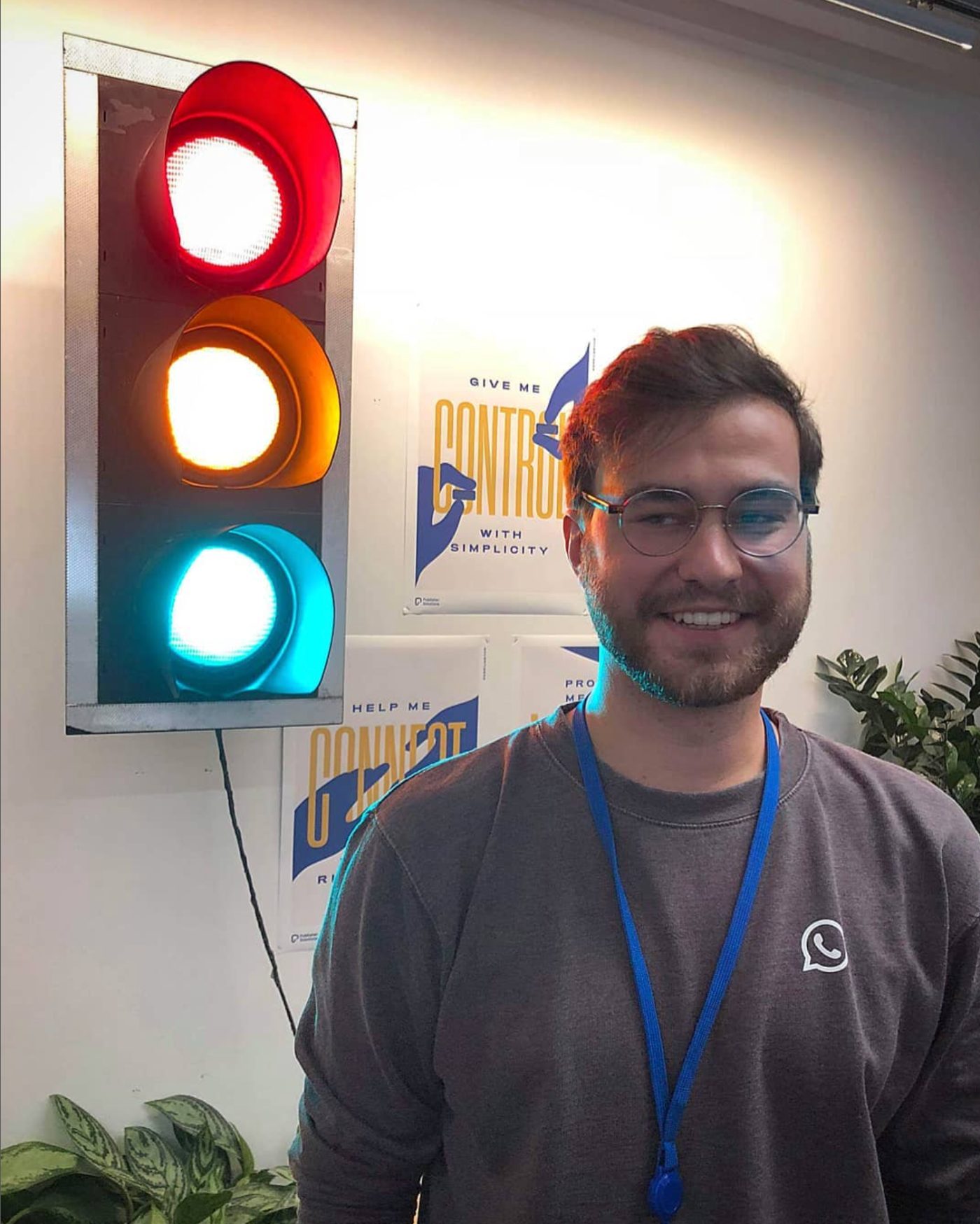 Mat beside the traffic light he installed in the Rathbone Square office